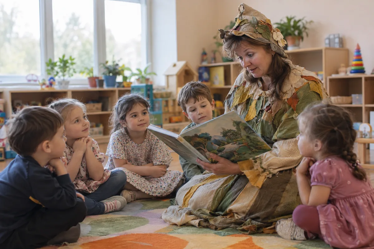 Женщина в костюме сказочного персонажа читает книгу детям в детском саду