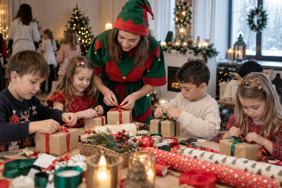 Дети упаковывают подарки вместе с аниматором в костюме эльфа