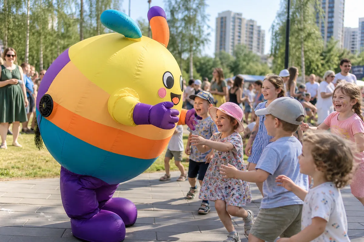 Аниматор в большом надувном костюме смешит детей на уличном празднике